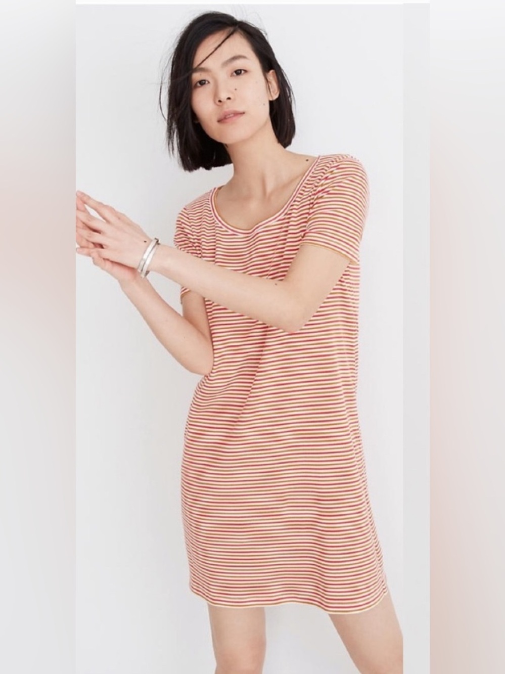 Madewell Ribbed Stripe Tee Dress in Red,and Brown Size-X-Small French Casual